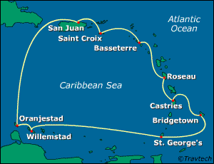 从波多黎各的圣胡安出发,依次经过美属维尔京群岛的圣克鲁斯岛,圣基茨